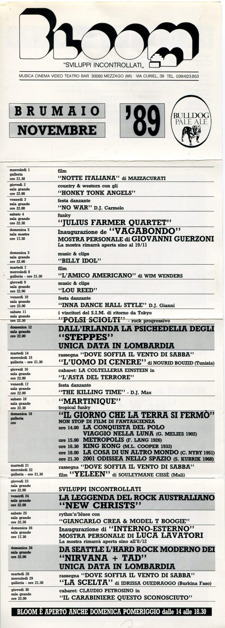 Pieghevole mensile Novembre '89 (Brumaio, in omaggio al Bicentenario della Rivoluzione Francese), con il concerto dei Tad e dei Nirvana. 1989