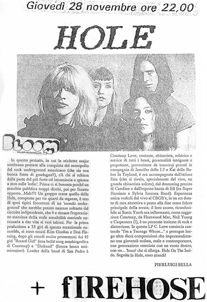 Volantino del concerto degli Hole, col loro punk rock molto abrasivo. 28 novembre 1991