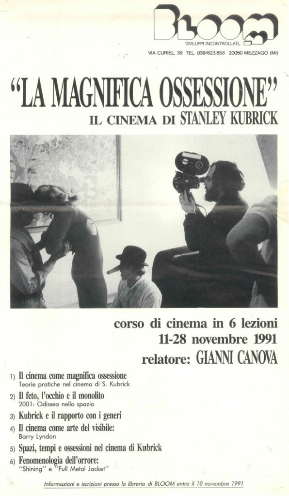 Locandina del corso di cinema dedicato a Stanley Kubrick con relatore Gianni Canova. 1991